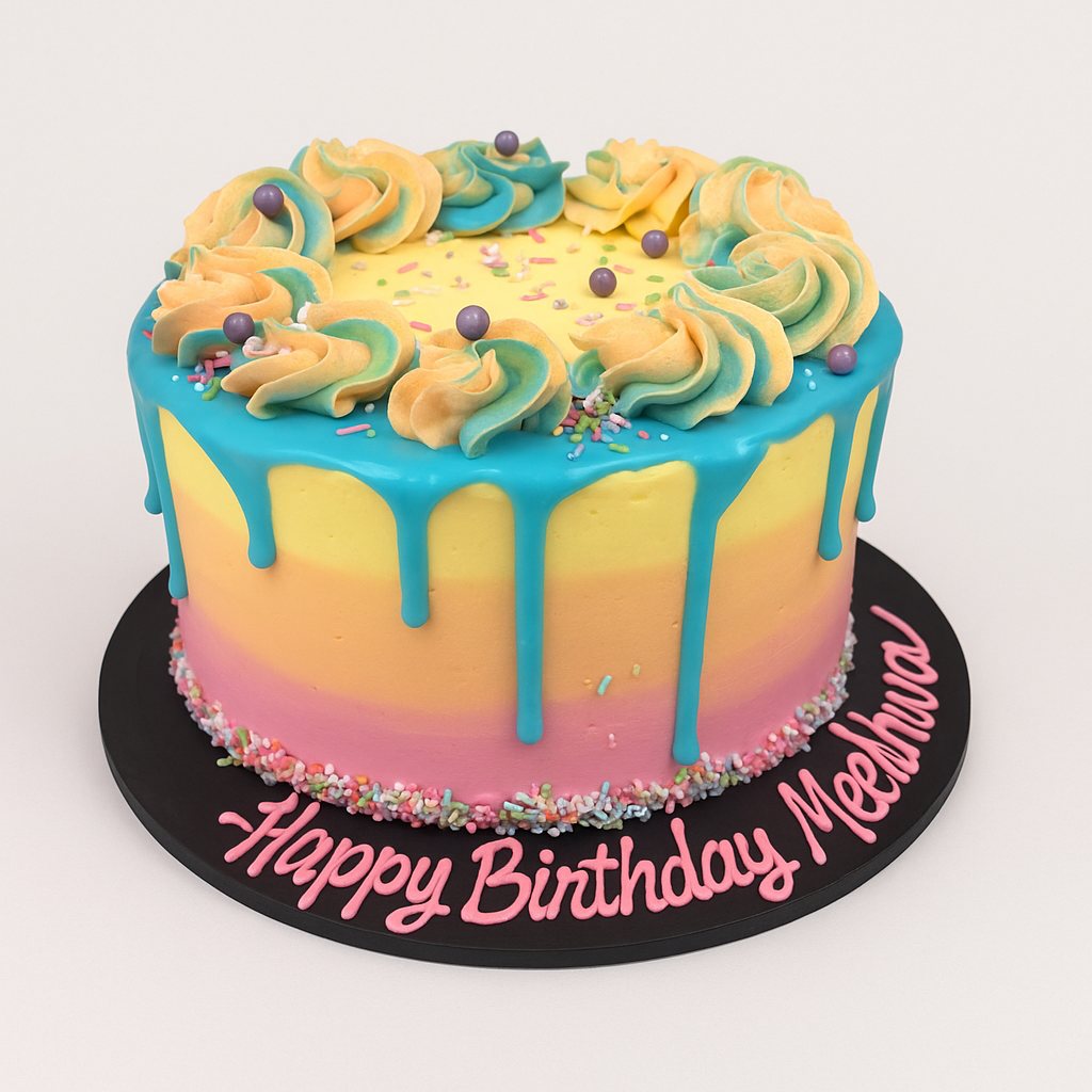 Bunte Geburtstagstorte mit blauem Drip und Aufschrift Happy Birthday – The Cake Alchemist