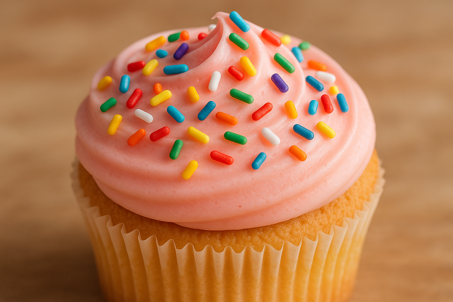 cupcake with pink icing and colored sprinkles up to