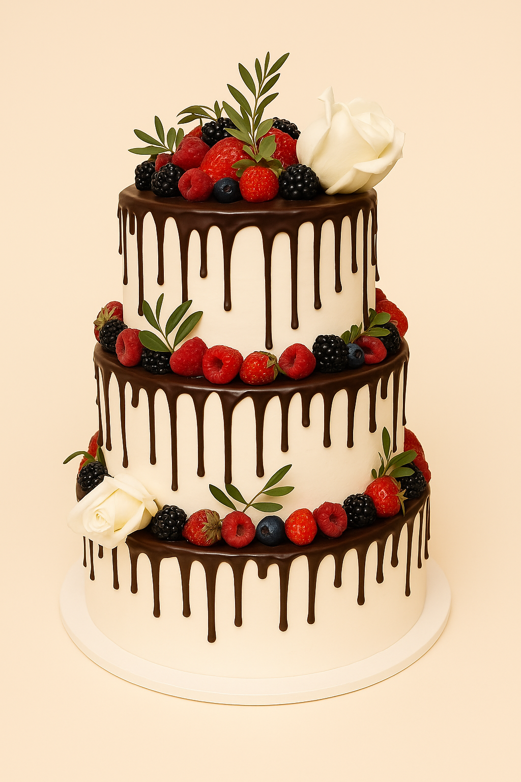 🍓 Hochzeitstorte „Berry Elegance“ – Dreistöckig mit Schokoladenguss & frischen Beeren