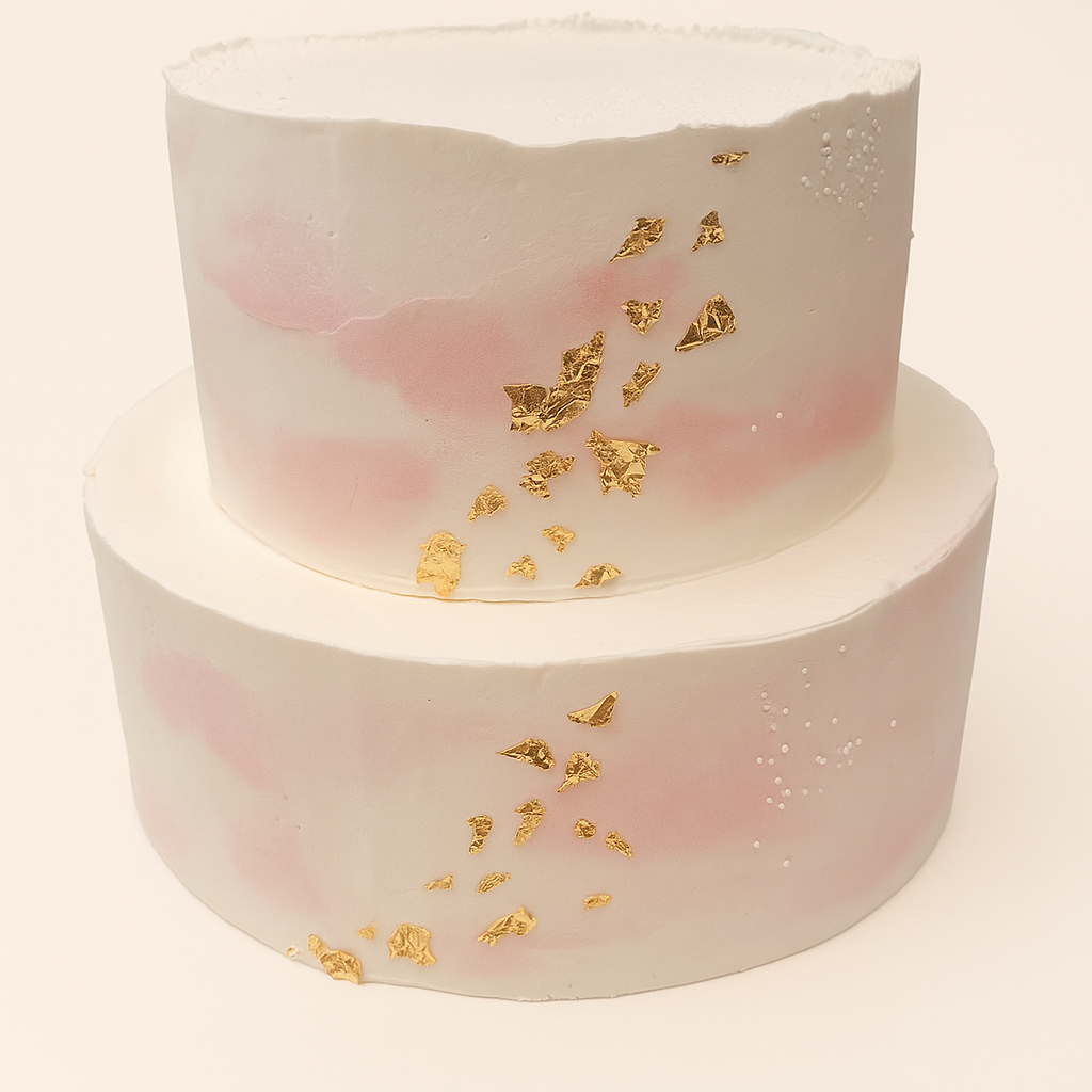 Hochzeitstorte – Blush Romance (zweistöckig, mit Goldflocken & Rosé-Tönen)
