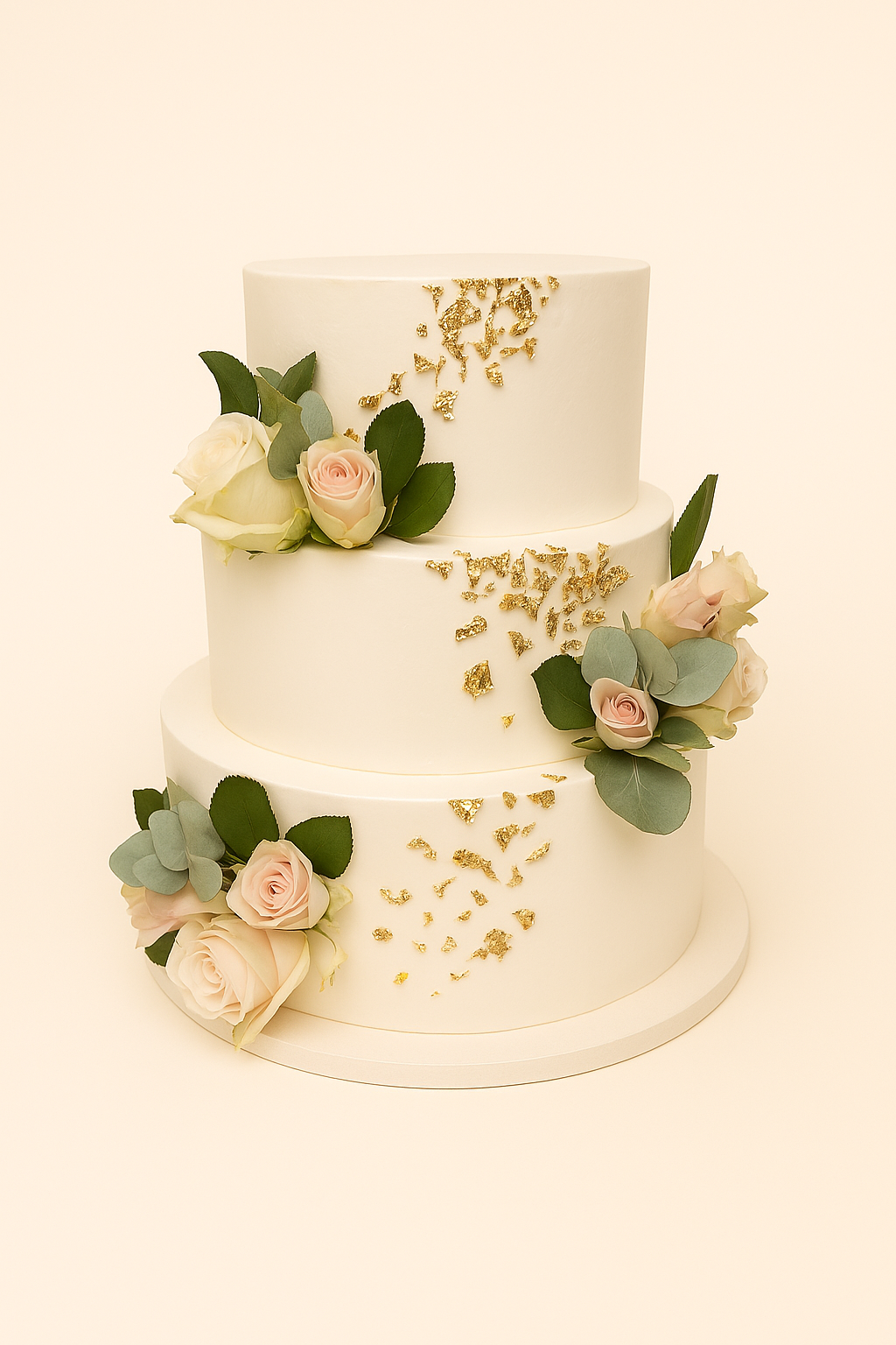 Hochzeitstorte – Classic White Roses (dreistöckig, mit rosa Blumen)